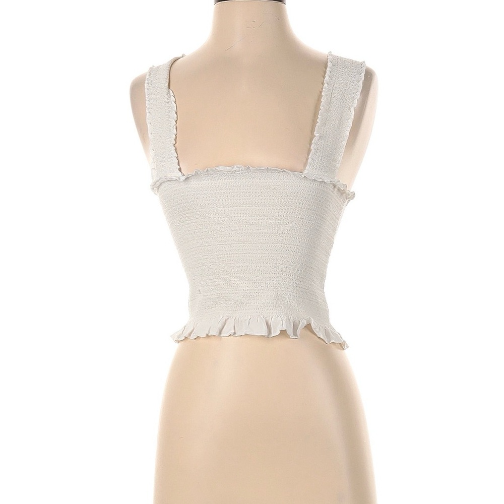 Smocked Ruffle Hem Crop Tank Top in Off-White
